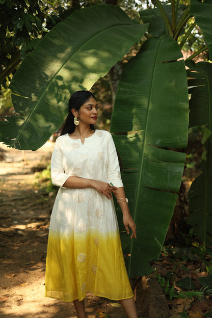 Mul Chanderi 3-Panel Pin Tuck Kurti – Yellow | Vishu Collection
