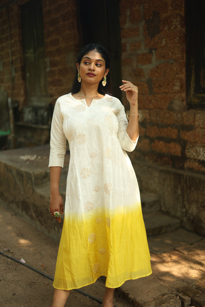 Mul Chanderi 3-Panel Pin Tuck Kurti – Yellow | Vishu Collection