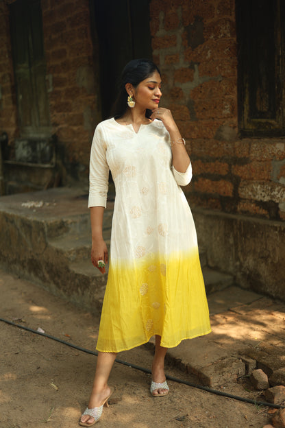 Mul Chanderi 3-Panel Pin Tuck Kurti – Yellow | Vishu Collection