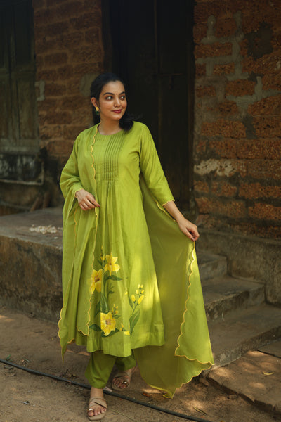 Mul Chanderi Hand-Painted A-Line Kurti – Parrot Green | Vishu Collection