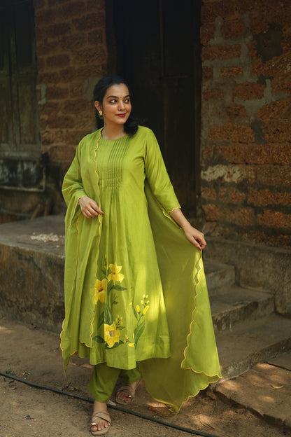 Mul Chanderi Hand-Painted A-Line Kurti – Parrot Green | Vishu Collection
