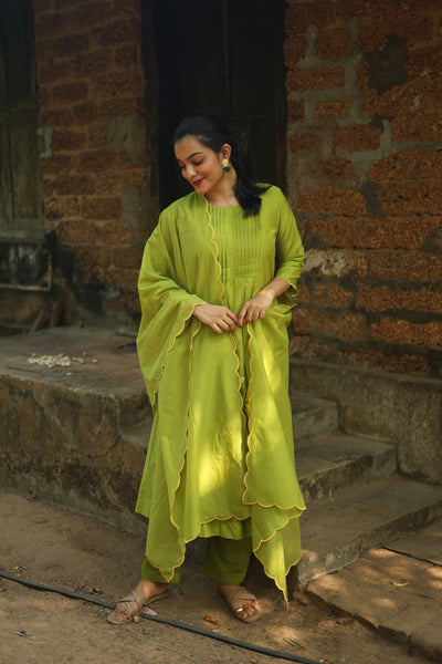 Mul Chanderi Hand-Painted A-Line Kurti – Parrot Green | Vishu Collection