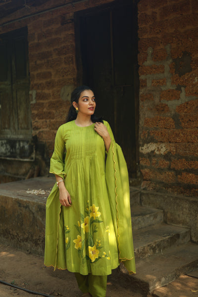 Mul Chanderi Hand-Painted A-Line Kurti – Parrot Green | Vishu Collection