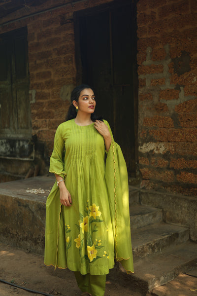 Mul Chanderi Hand-Painted A-Line Kurti – Parrot Green | Vishu Collection