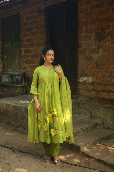 Mul Chanderi Hand-Painted A-Line Kurti – Parrot Green | Vishu Collection
