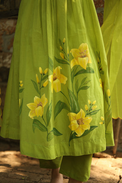 Mul Chanderi Hand-Painted A-Line Kurti – Parrot Green | Vishu Collection
