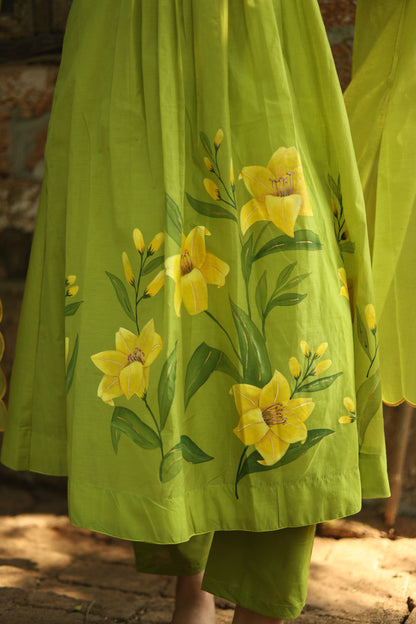 Mul Chanderi Hand-Painted A-Line Kurti – Parrot Green | Vishu Collection