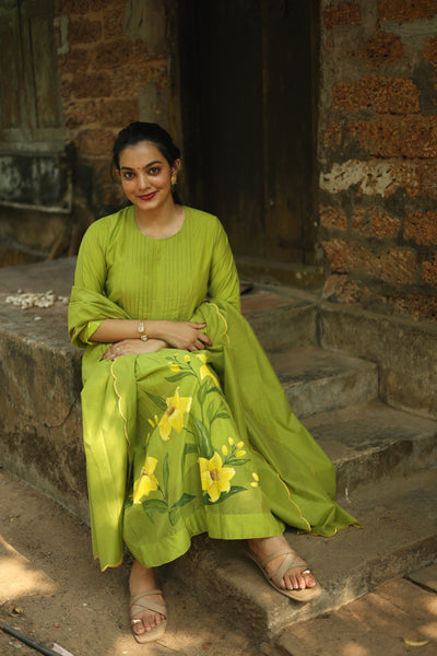Mul Chanderi Hand-Painted A-Line Kurti – Parrot Green | Vishu Collection