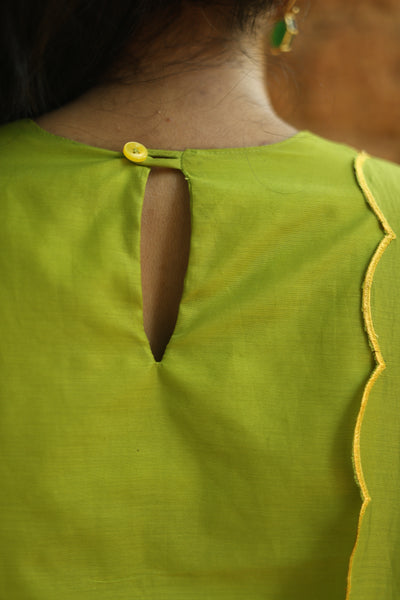 Mul Chanderi Hand-Painted A-Line Kurti – Parrot Green | Vishu Collection