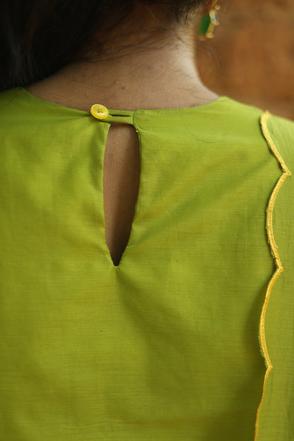 Mul Chanderi Hand-Painted A-Line Kurti – Parrot Green | Vishu Collection