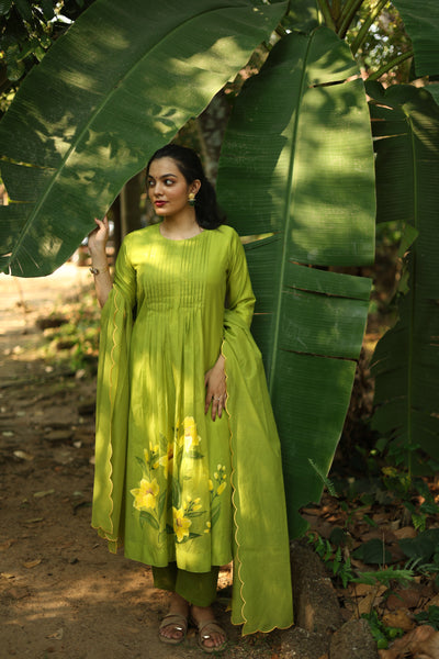 Mul Chanderi Hand-Painted A-Line Kurti – Parrot Green | Vishu Collection