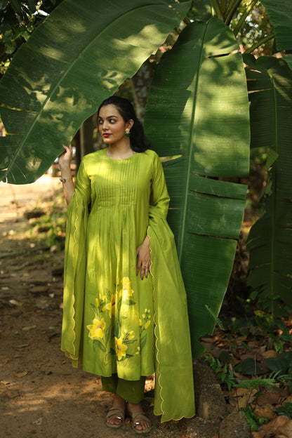 Mul Chanderi Hand-Painted A-Line Kurti – Parrot Green | Vishu Collection