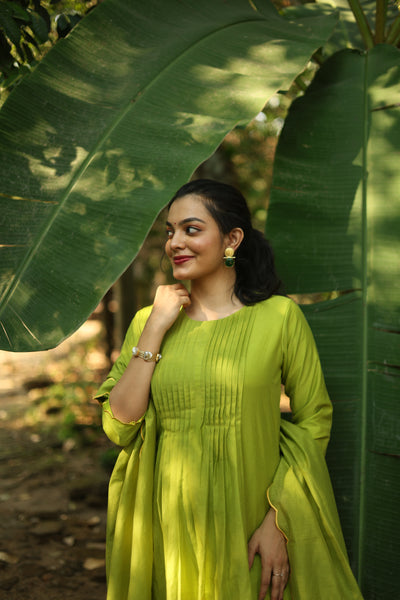 Mul Chanderi Hand-Painted A-Line Kurti – Parrot Green | Vishu Collection