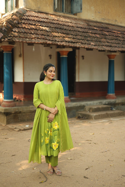 Mul Chanderi Hand-Painted A-Line Kurti – Parrot Green | Vishu Collection