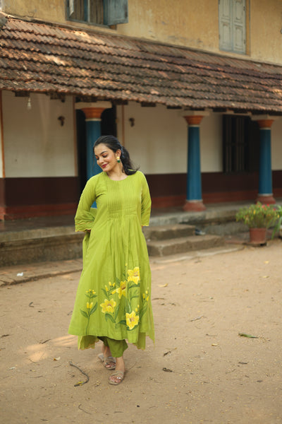 Mul Chanderi Hand-Painted A-Line Kurti – Parrot Green | Vishu Collection