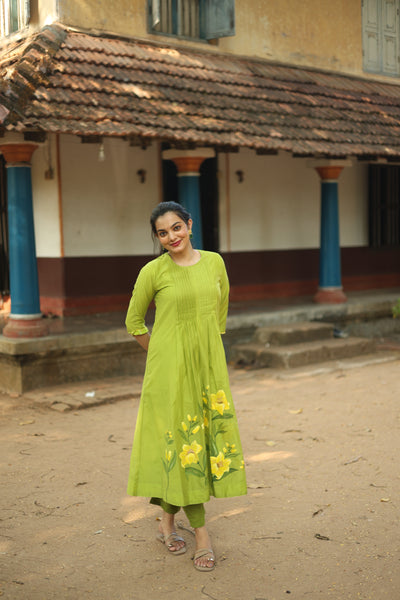 Mul Chanderi Hand-Painted A-Line Kurti – Parrot Green | Vishu Collection