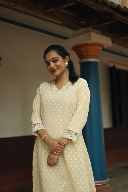 Mul Cotton Self-Thread 5-Panel Kurti – Cream | Vishu Collection
