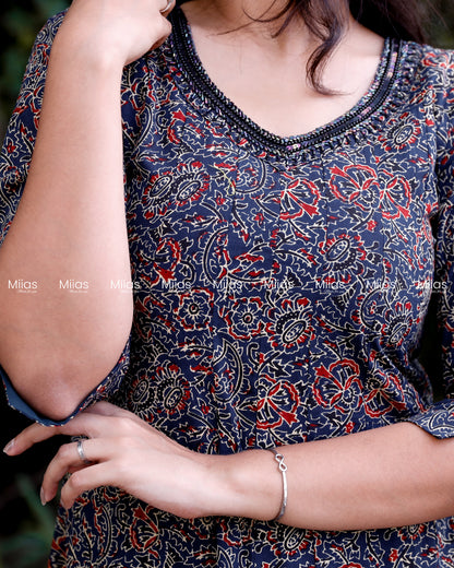 Cotton Ajrakh Panel Dress Kurti | Beaded Sequin Neckline | Blue