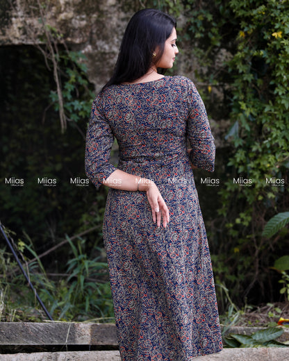 Cotton Ajrakh Panel Dress Kurti | Beaded Sequin Neckline | Blue