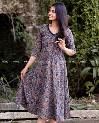 Cotton Ajrakh Panel Dress Kurti | Beaded Sequin Neckline | Blue