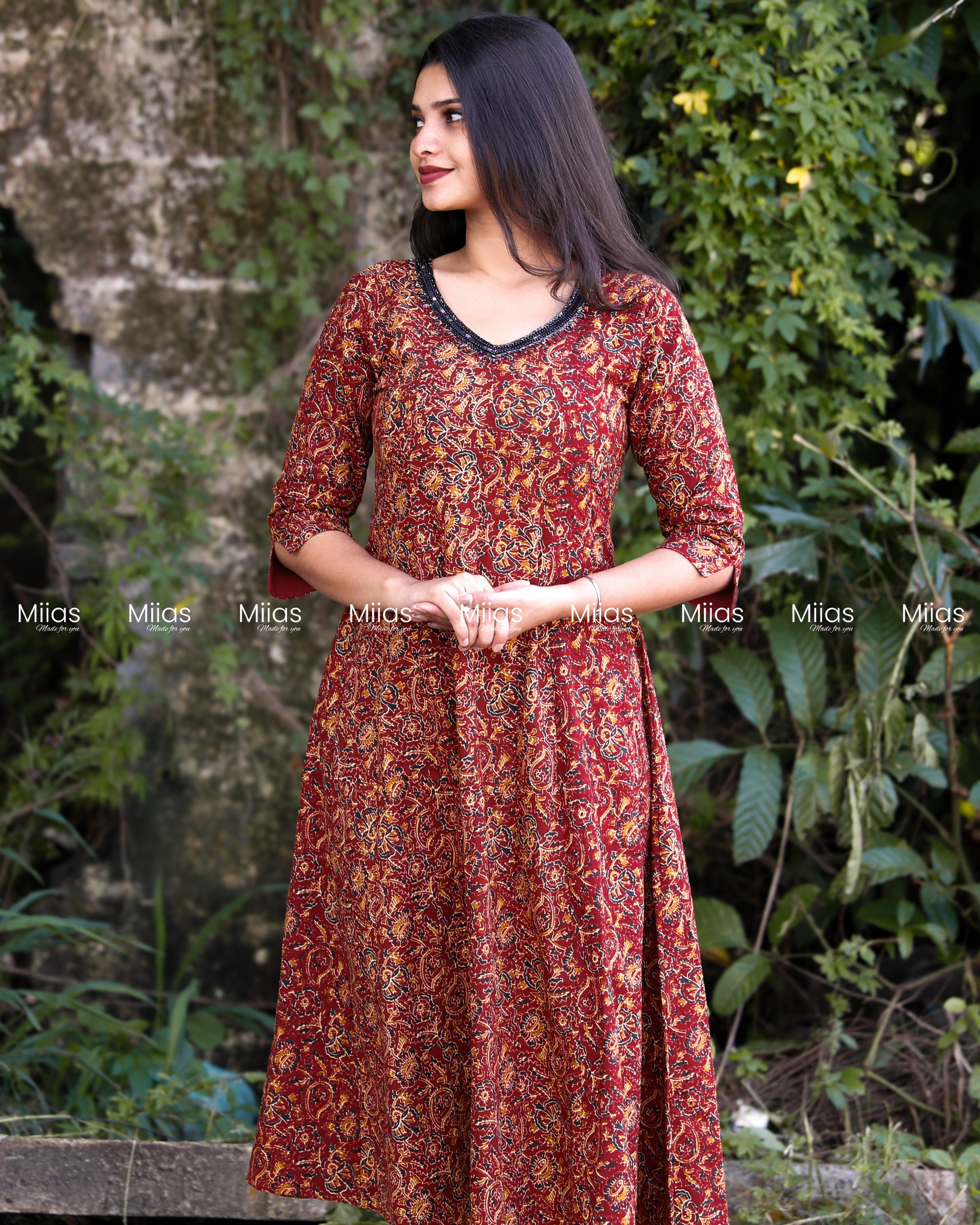 Cotton Ajrakh Panel Dress Kurti | Beaded Sequin Neckline | Brick Red