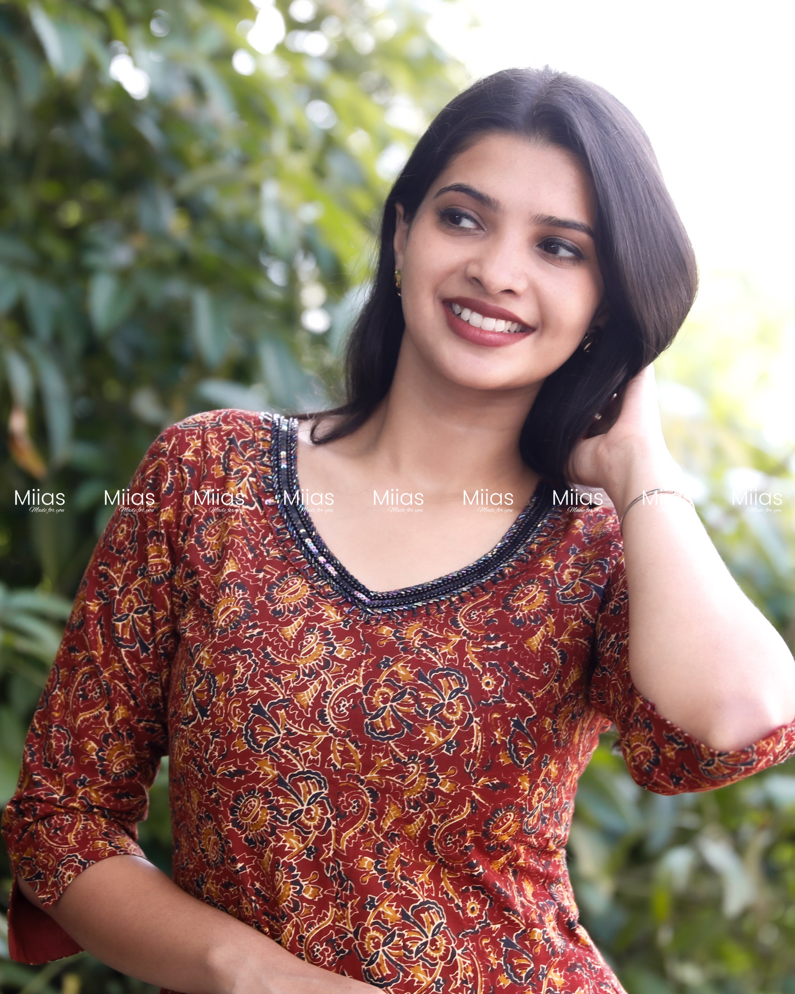 Cotton Ajrakh Panel Dress Kurti | Beaded Sequin Neckline | Brick Red