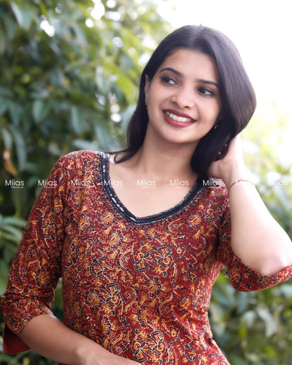 Cotton Ajrakh Panel Dress Kurti | Beaded Sequin Neckline | Brick Red
