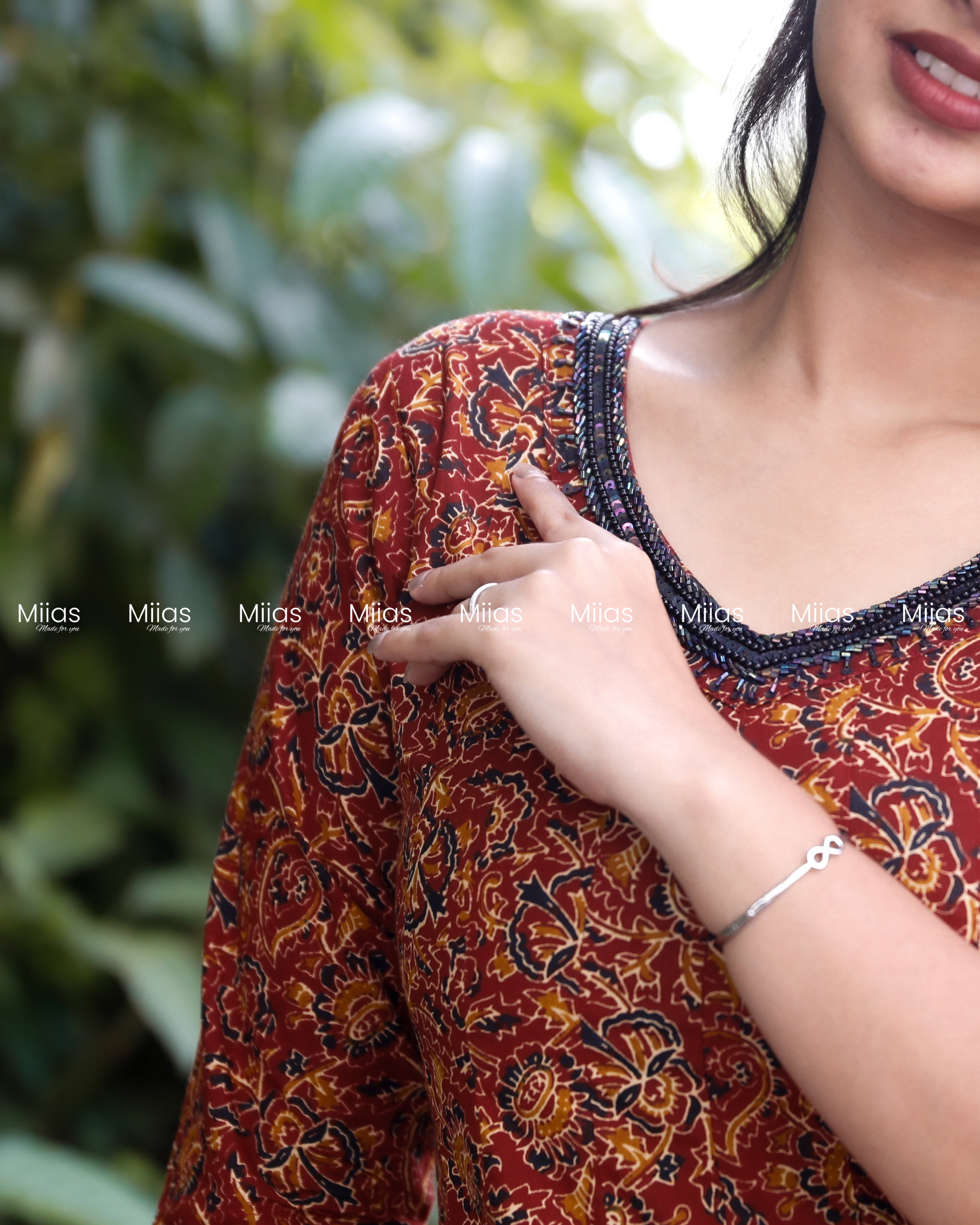 Cotton Ajrakh Panel Dress Kurti | Beaded Sequin Neckline | Brick Red