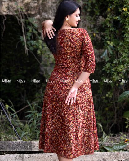 Cotton Ajrakh Panel Dress Kurti | Beaded Sequin Neckline | Brick Red