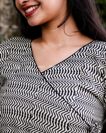 South Cotton Wrap Kurti | Beaded Overlap + Mirror Work | Black