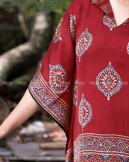Pure Modal Silk Kaftan | Folding Collar | Red
