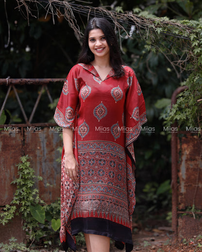 Pure Modal Silk Kaftan | Folding Collar | Red