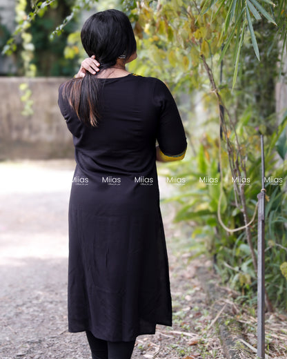 Rayon Slit Kurti | Ajrakh Modal Silk Patch + Mirror Yoke | Black