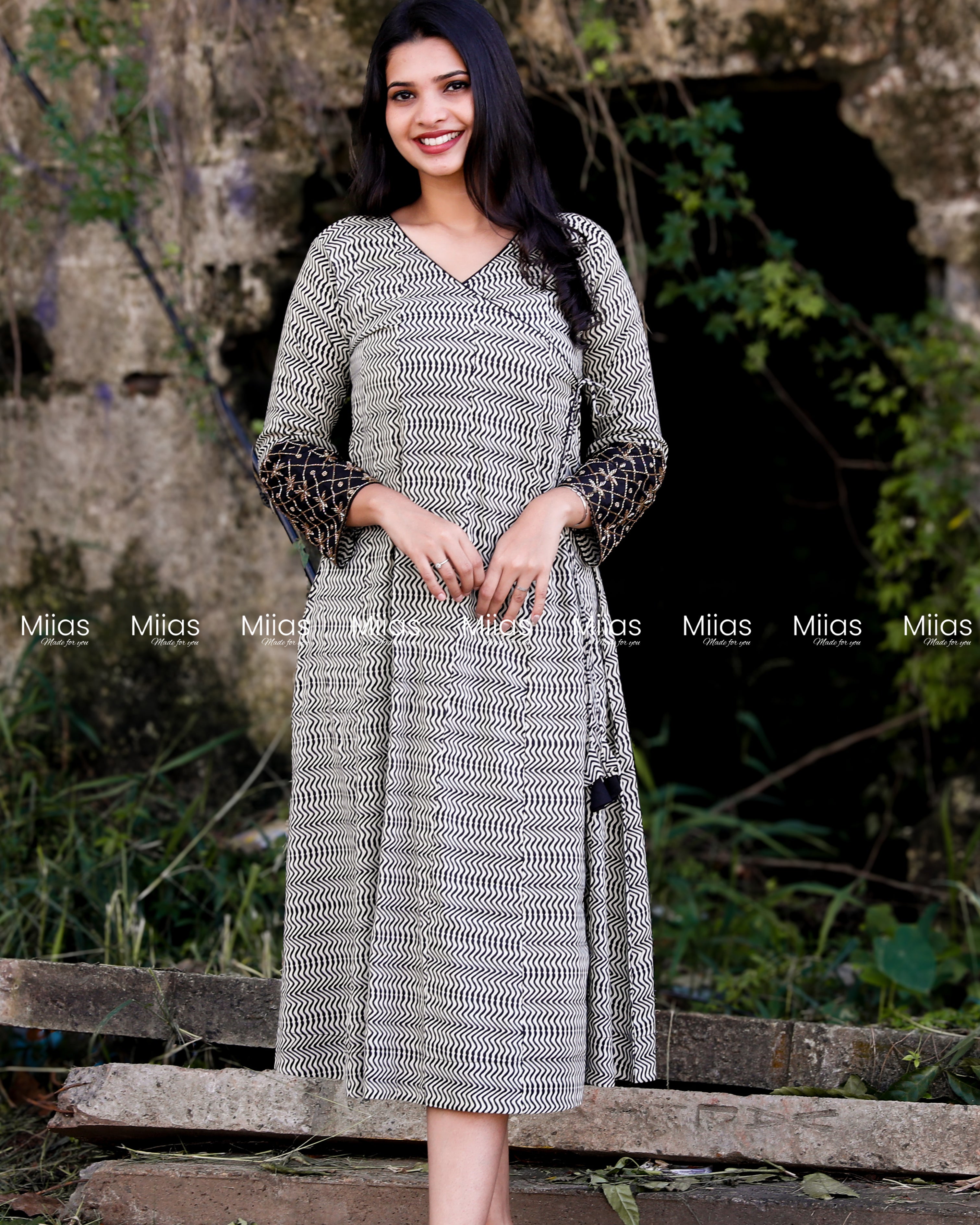 South Cotton Wrap Kurti | Beaded Overlap + Mirror Work | Black
