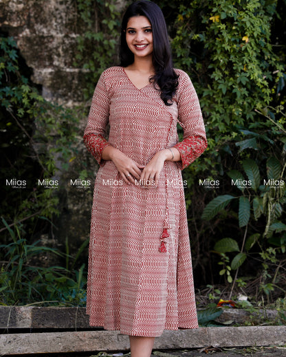 South Cotton Wrap Kurti | Beaded Overlap + Mirror Work | Brick Red