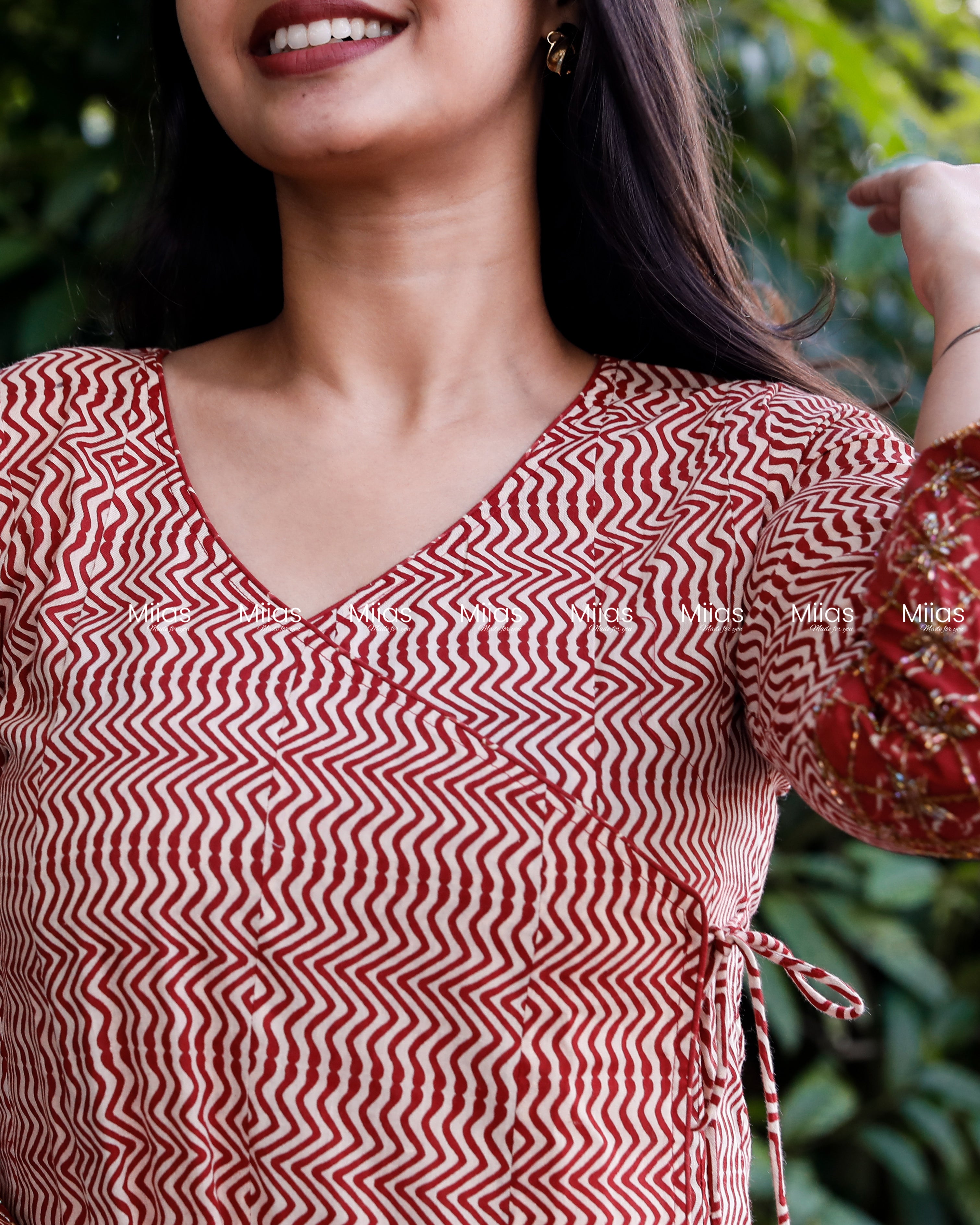 South Cotton Wrap Kurti | Beaded Overlap + Mirror Work | Brick Red