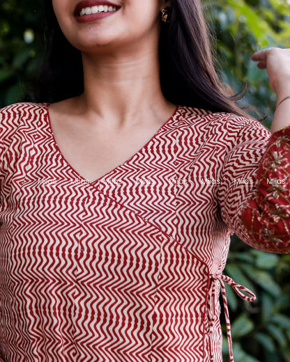 South Cotton Wrap Kurti | Beaded Overlap + Mirror Work | Brick Red