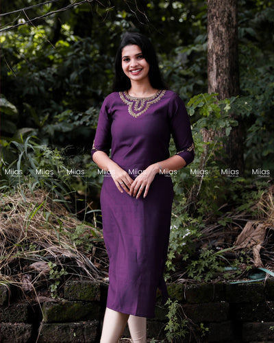 Vatican Fabric Slit Top | Beaded Round Neck | Purple