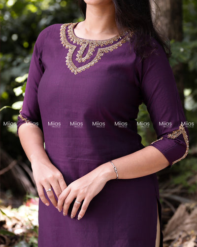 Vatican Fabric Slit Top | Beaded Round Neck | Purple
