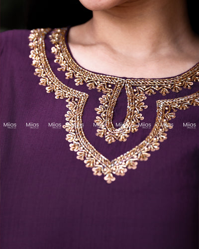 Vatican Fabric Slit Top | Beaded Round Neck | Purple