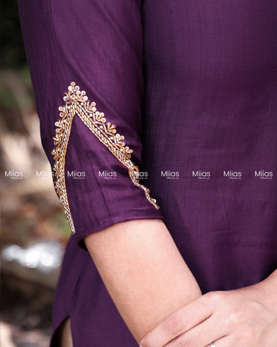 Vatican Fabric Slit Top | Beaded Round Neck | Purple