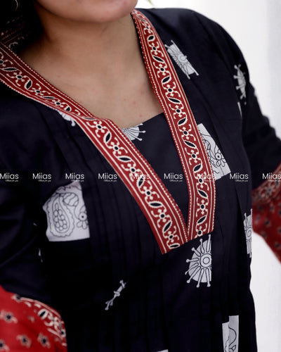 South Cotton Dress Kurti | Pintuck V-Neck + Bell Sleeves | Black