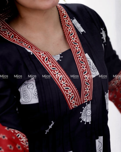 South Cotton Dress Kurti | Pintuck V-Neck + Bell Sleeves | Black