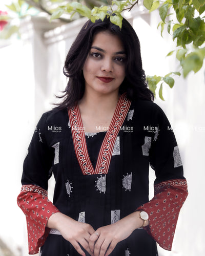 South Cotton Dress Kurti | Pintuck V-Neck + Bell Sleeves | Black