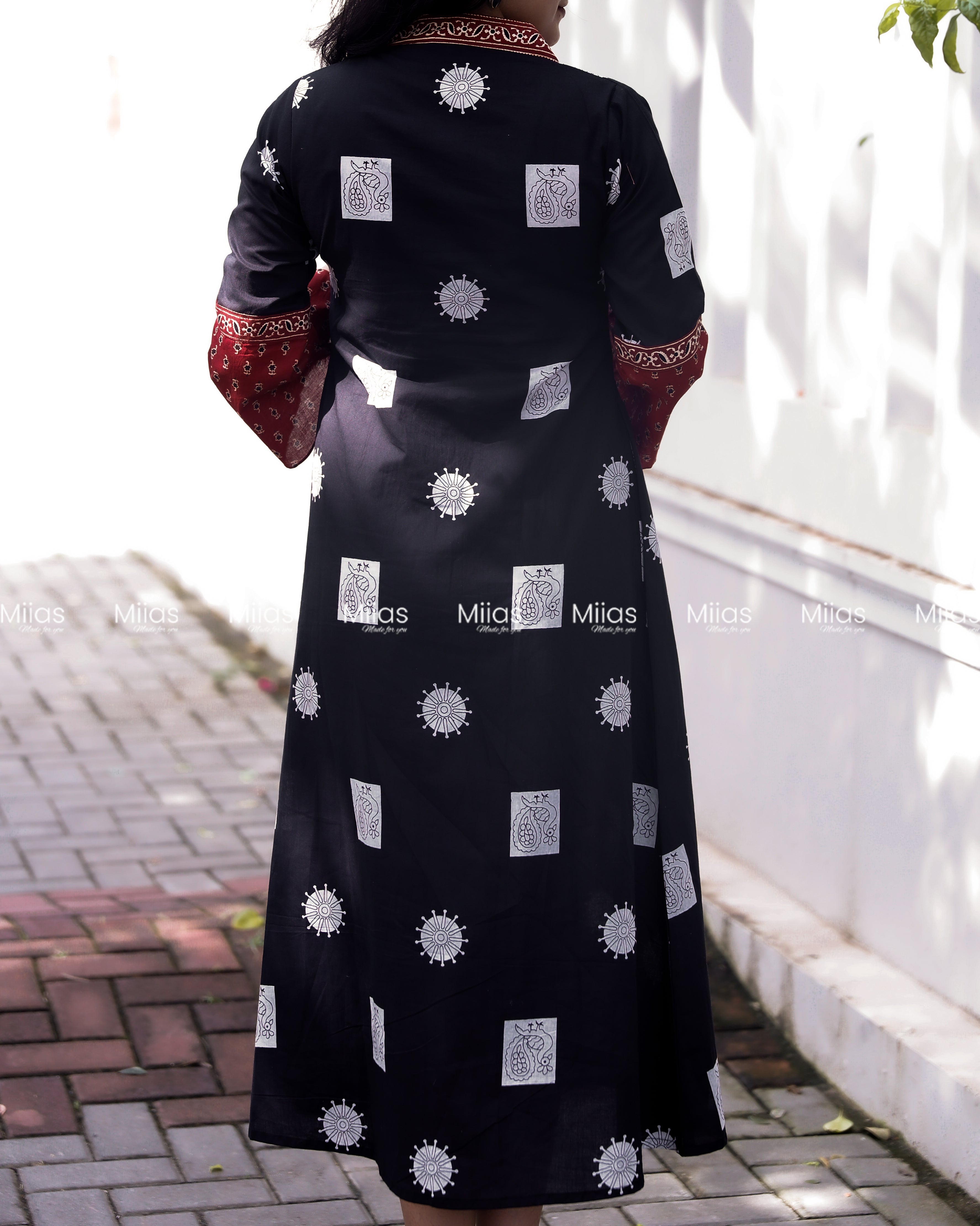 South Cotton Dress Kurti | Pintuck V-Neck + Bell Sleeves | Black