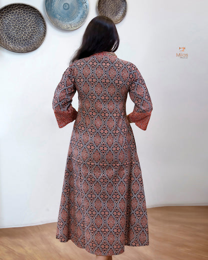 Ajrakh Cotton A-Line Kurti | Overlap Collar | Brick Red