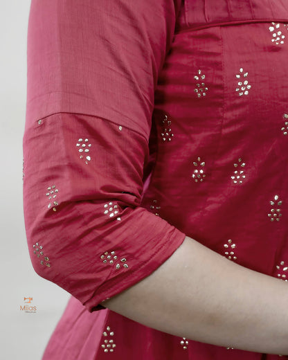 Mul Chanderi Five-Panel Dress Kurti: Golden Mukesh Work-Rani Pink.