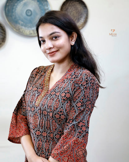 Ajrakh Cotton A-Line Kurti | Overlap Collar | Brick Red