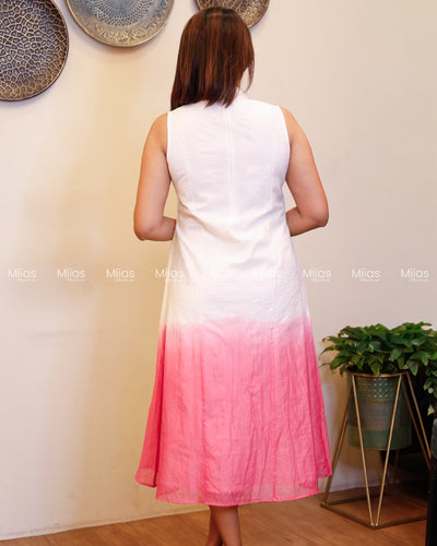 Mul Chanderi 3-Panel Dress Kurti | Bullion Rose + Cutwork | Off-white & Pink