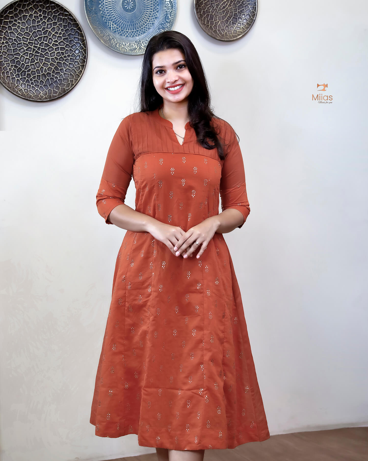 Mul Chanderi Five-Panel Dress Kurti: Gold Mukesh Work-Rust Orange.